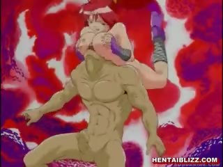 Rödhårig hentai ninja blir pressas henne tuttarna av getto animen