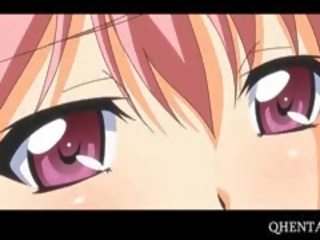 Růžový vlasy anime školní panenka jídla manhood na knees