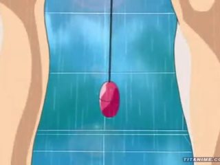 Pleasant little Anime cat Ms with stupendous titties plays with a vibrator in the shower and sucks Big manhood