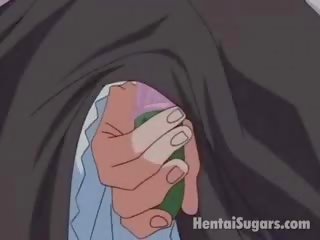 Sultry brown haired hentai prawan giving blow job to her