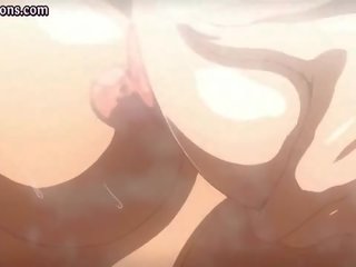 Two busty anime babes licking phallus