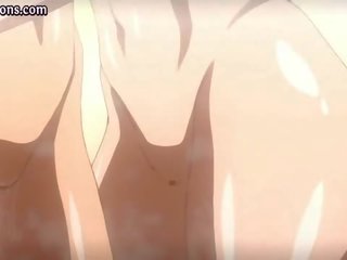 Two busty anime babes licking phallus