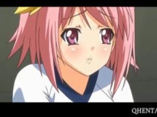 Růžový vlasy anime školní panenka jídla phallus na knees