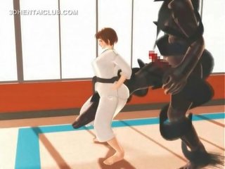 Hentai karate lieveling kokhalzen op een massief prik in 3d